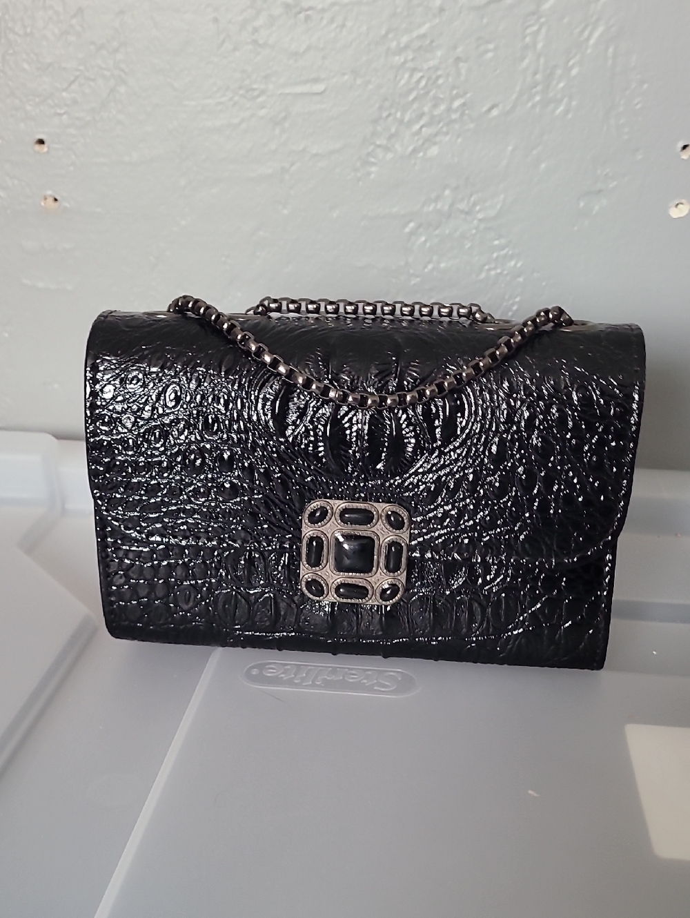 Black Croc-Embossed Chain Shoulder Bag